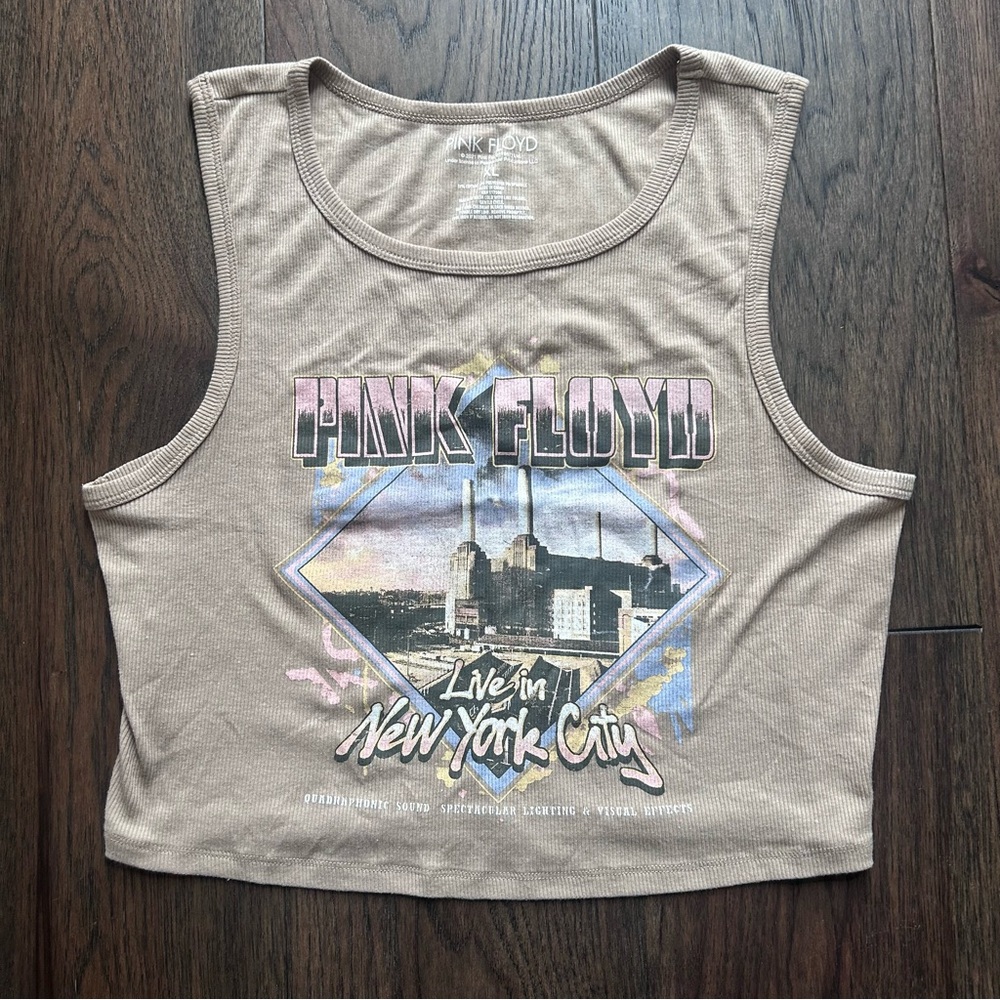Pink Floyd Beige Graphic Crop Tank with Vintage New York Print